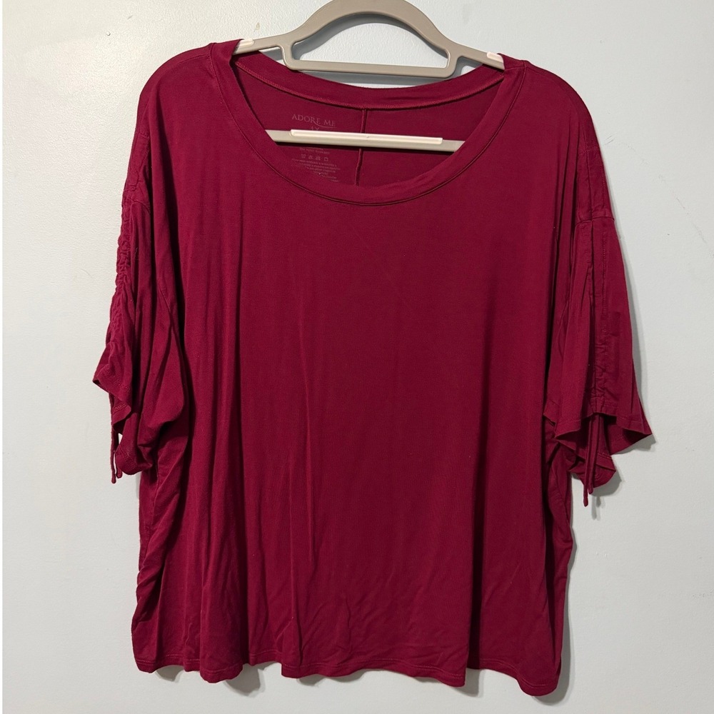 Adore Me Women's 1X Burgundy Ruched Tie Sleeve Scoop Neck Lounge Top 2611